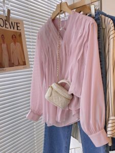 Áo sơ mi PAIBOLI cho nữ vải chiffon kiểu cổ chữ V màu hồng dáng rộng thanh lịch