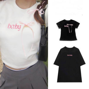 Áo Thun Cặp Nam Nữ Baby Tee Thun Tay Lỡ Thêu Chữ Love Baby Phối Nơ Form Rộng 75kg Ulzzang- MM Hồng Nhi Store