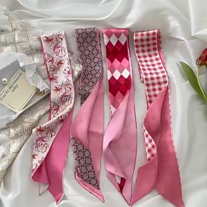 Korean Style Pink plaid Silk scarves and accessories twilly scarf for bags handle headband for women bandana SP9250