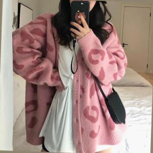 Spring Autumn Loose Fit Leopard Print Knitted Cardigan Womens Outerwear Sweater Vintage Japanese Style Casual Slimming Effect