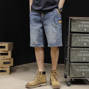 American Retro Blue Denim Shorts Mens Straight Leg Mid-Pants Summer Thin Loose Casual Five-Quarter Pants Teenage Fashion