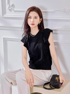 WANGGONGZHU | Elegant Ice Silk Slim Fit Short Sleeve Knitwear Womens Sweet Fashion T-Shirt Princess Style Commute Simple Pure Color Summer Top