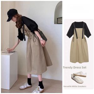 2024 New Womens Long Bubble Sleeve Waist-Cinching Summer Dress Set Fashionable Korean Style Loose Fit Two-Piece Ensemble