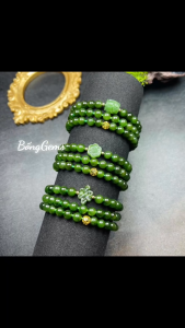 vòng tay nữ dáng chuỗi ngọc bích tự nhiên mix charm kết đồng tâm ngọc bích và charm cầu kim tiền vàng tây vòng tay đá phong thủy trang sức