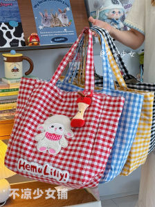 Cute Little Lamb Plaid Commuter Single Shoulder Bag Korean Style Large Capacity Canvas Tote Bag Lazy Girl Canvas Bag
