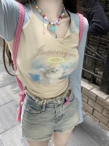 Pure Sweet and Spicy Color Contrast Short Raglan Long Sleeves T-Shirt Female Early Autumn Silm Slimming Sense of Design Print Tops Inner Wear