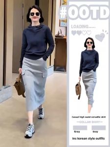 European Goods plus Size Skirt Fall and Winter Female Mid Length Long Length Slit Office Lady Skirt High Waist Pocket Loose Straight-leg Sweatshirt Skirt