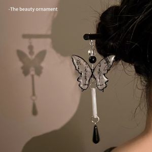 Ancient Chinese Traditional Hair Stick Glaze Hair Clip with Butterfly Calligraphy Design. Black hair stick with butterfly design and dangling beads. Suitable for formal or traditional occasions.