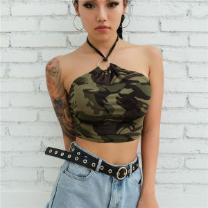 Hot Girl Camouflage Print Slimming Crop Top Hanging Neck Strap Vest Womens Knitted Thickened Autumn Season Fashion Clothing