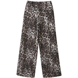 SOLWEIGE | SOLWEIGE Designer Hooked Flower Craft Cotton Leopard Print Slim Straight Wide Leg Casual Long Pants High Waist Vintage Style