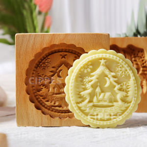 Wood Cookie Molds with Moon Tree Pattern Christmas DIY 3D Carved Embossed Cookie Cutter Moulds Baking Fondant Cake Biscuit