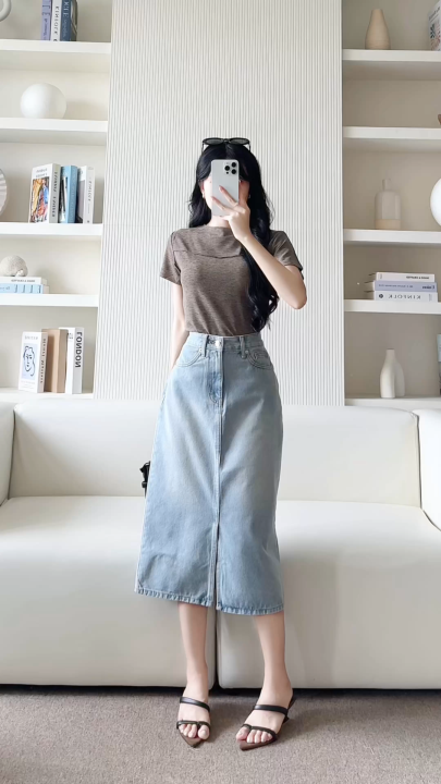 [2.2 - 10.2| Voucher 8-12%] Chân váy nữ jean midi xẻ tà trước có túi ...