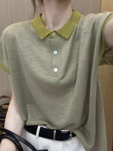 Summer New Womens Loose Fit Thin Polo Shirt Short Sleeve T-Shirt Fashion Design Color Block Three Button up Top Korean Style