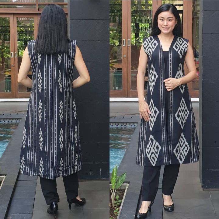 Outer Tenun ikat jepara original long vest baju wanita rompi panjang tanpa lengan motif bunga mawar