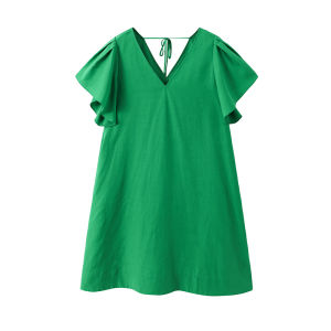 URLAZH | Oxygen Green V-Neck Back Tie Lyocell Flounce Sleeve Dress