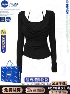 สลิมฟิต ผู้หญิง สีดำ เสื้อยืดคอห้อย ฤดูใบไม้ร่วง เสื้อเชิ้ตแขนยาวยู่ยี่ เซ็กซี่ Thinming เสื้อท่อนบน ลำลอง หวาน สไตล์เผ็ด