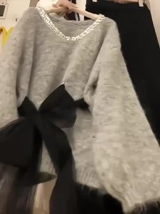 SENWA | Bow Tie Gray Winter New Lazy Elegant Loose Knit Sweater