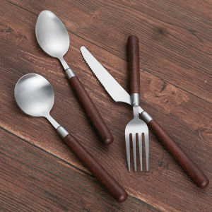 【On Sale】Wooden Handle Knife Fork Spoon Stainless Steel Tableware Set Home