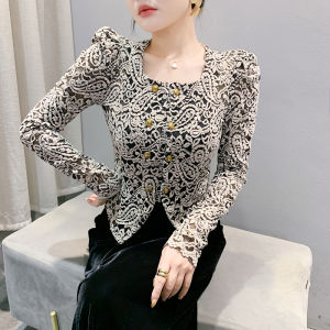 Yimei phiên bản Hàn Quốc Tay áo bong bóng áo ren cho mùa thu và mùa đông ôm vừa và phong cách Pháp vuông cổ áo với sang trọng cơ sở ấm áp 2025