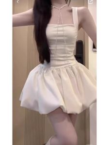 French Style Strapless Short Dress Womens Summer High Waist A-Line Skirt Puffy Flower Bud Design Slimming Effect for Petite Ladies