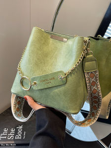 Trendy Fashionable Womens Bucket Bag Shoulder Crossbody Bag Wide Strap Soft PU Leather Magnetic Buckle Clutch Casual Handbag