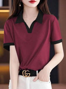Artistic Loose Short Sleeve T-Shirt Pure Cotton Polo Collar Casual Slimming Top Color Block Print Commute Style Summer New Arrival