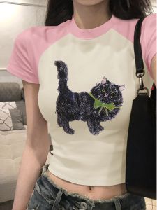American Style Short Sleeve Slim Fit Womens T-shirt Waist Cinched Summer New Design Color Block Shoulder Insertion Top Cotton Polyester Blend round Neck Short Length Animal Pattern