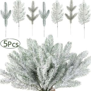 ต้นสนต้นคริสต์มาสเทียม5ชิ้นกิ่งเทียมปกคลุมด้วยหิมะต้นสนหิมะสำหรับหรีดคริสต์มาสตกแต่งงานปาร์ตี้เครื่องประดับของขวัญคริสต์มาส