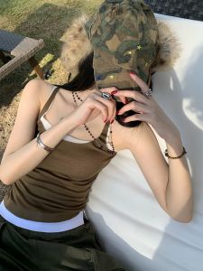 เสื้อกั๊กสั้นคอต่ำทรงเข้ารูปสำหรับผู้หญิงในช่วงฤดูร้อน ดีไซน์เปิดหลัง สไตล์ทำงาน ผ้าฝ้ายผสมโพลีเอสเตอร์ ทรงเข้ารูป