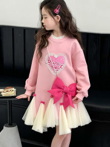 MPW | Princess Style Girls Dress Autumn Spring Fashionable Sweatshirt Dress Medium Large Children Girls Clothing Butterfly Knot Design