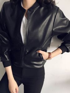 ผู้หญิง เบสบอลแขนยาว เสื้อแจ็คเก็ต หนัง เสื้อกั๊ก สตรีทสไตล์ สั้น เสื้อโค้ท สีบริสุทธิ์ ซิป แขนเสื้อ หลวม Fit Fall Fashion