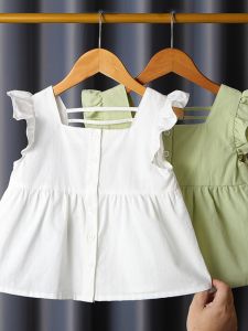 Stylish Cotton Shirt for Girls Summer Fashionable White Small Flying Sleeve Korean Version Mid-Toddler Childrens Top