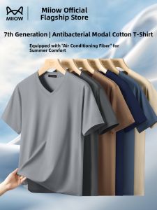 miiow | Mens V-Neck Ice Silk Cool Feeling Modal Short Sleeve T-Shirt Double-Sided Antibacterial Cat Person New Summer 2025 Loose Fit