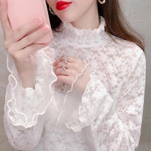 chaqi | Áo sơ mi ren cổ cao thời trang thu đông cho nữ tay dài lưới áo lót dài thường ngày phong cách Hàn Quốc màu trơn