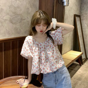 Korean Floral Fitted Tops & Summer New Chiffon Short-sleeved T-shirts