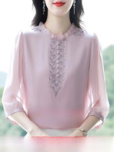 Hangzhou Famous Silk Shirt Womens Three-Quarter Sleeve Shirt Jingdong Summer New Arrival High-End Embroidery Mulberry Silk Top