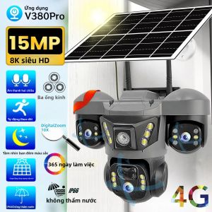 Camera An Ninh Năng Lượng Mặt Trời 4G Tầm Nhìn Ban Đêm Màu Sắc 8K 3 Ống Kính Ngoài Trời Không Dây Xem Trực Tiếp 360 Độ Phát Hiện Chuyển Động Âm Thanh 2 Chiều Camera IP