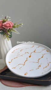 Aveline Piring Steak Keramik Corak Marble Hitam Dan Putih Gold Tahan Panas Dan Tahan Goresan/ Piring Steak Dan Pizza Corak Marble Gold/ Piring Elegant Keramik Glossy Marbel Emas/ Ceramic Plate Marble Gold Elegant