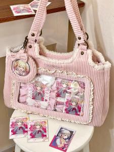 กระเป๋าสะพายไหล่ผ้าซาตินคอร์ดูรอยแบบลำลองสำหรับผู้ชายและผู้หญิง ซิปปิด กระเป๋าผ้าไนลอนลายการ์ตูนสำหรับวัยรุ่น