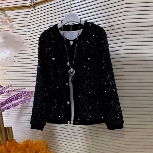 XL plus Size Womens Clothes Black Slim Looking Long Sleeve Cardigan Top Fat Sister Casual Bai Yuan Collar Full Body Sequin Outwear