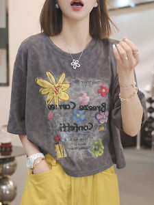 Shalldoer | Áo thun nữ tay ngắn thường ngày mùa hè mỏng cổ tròn in họa tiết thời trang đa năng rộng rãi thoải mái thoáng khí