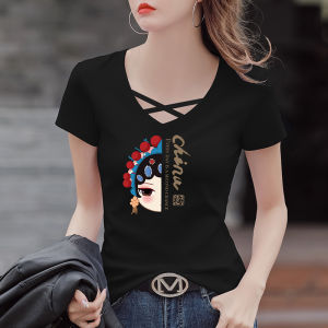 Summer New Style Womens Slim Fit Cotton T-Shirt V-Neck Short Sleeve Casual Top Peking Opera Mask Print Comfortable Breathable