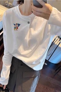 Casual Loose Womens White T-shirt Spring New Design Cotton Print Shoulder Length Sleeve round Neck Pullover Top Trendy