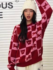dangerouspeople | Checkerboard Pattern Horseshoe Design Knit Sweater