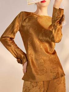 Revised Cheongsam Top in Pure Color with Long Sleeves And round Collar for Women Retro Chinese Style Viscose Fiber Blouse