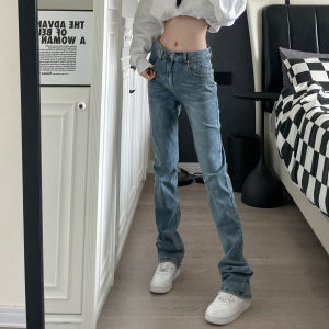 Slimming Effect Washed Blue Jeans Womens Straight Leg Bell Bottoms Casual Style Natural Waist Long Trousers Wear Resistant