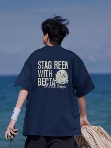 Heavyweight Pure Cotton Hong Kong Style Short Sleeve T-Shirt Mens Summer New Loose Outdoor Trendy Five-Quarter Sleeve T-Shirt