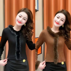 Elegant French Style Knitted Base Shirt round Neck Long Sleeve Polyester Fiber Pure Color Autumn Winter New Arrival