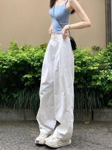 กางเกงทำงานสีขาวหลวมๆ สไตล์เกาหลี กางเกงขายาวทรงตรงสำหรับผู้หญิง กางเกงขายาวทรงขากว้าง ทรงหลวมๆ สำหรับผู้หญิงส่วนตัว