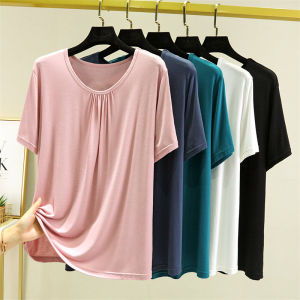 Slim Fit Modal Short Sleeve T-Shirt Womens Summer Large Size Outerwear Base Shirt round Neck Solid Color plus Size Top